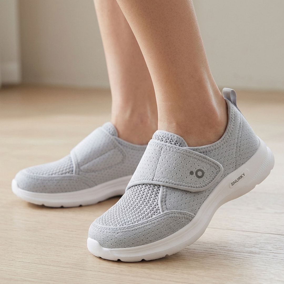 Frau trägt Snurky 360 orthopädische Komfortschuhe beim Spaziergang